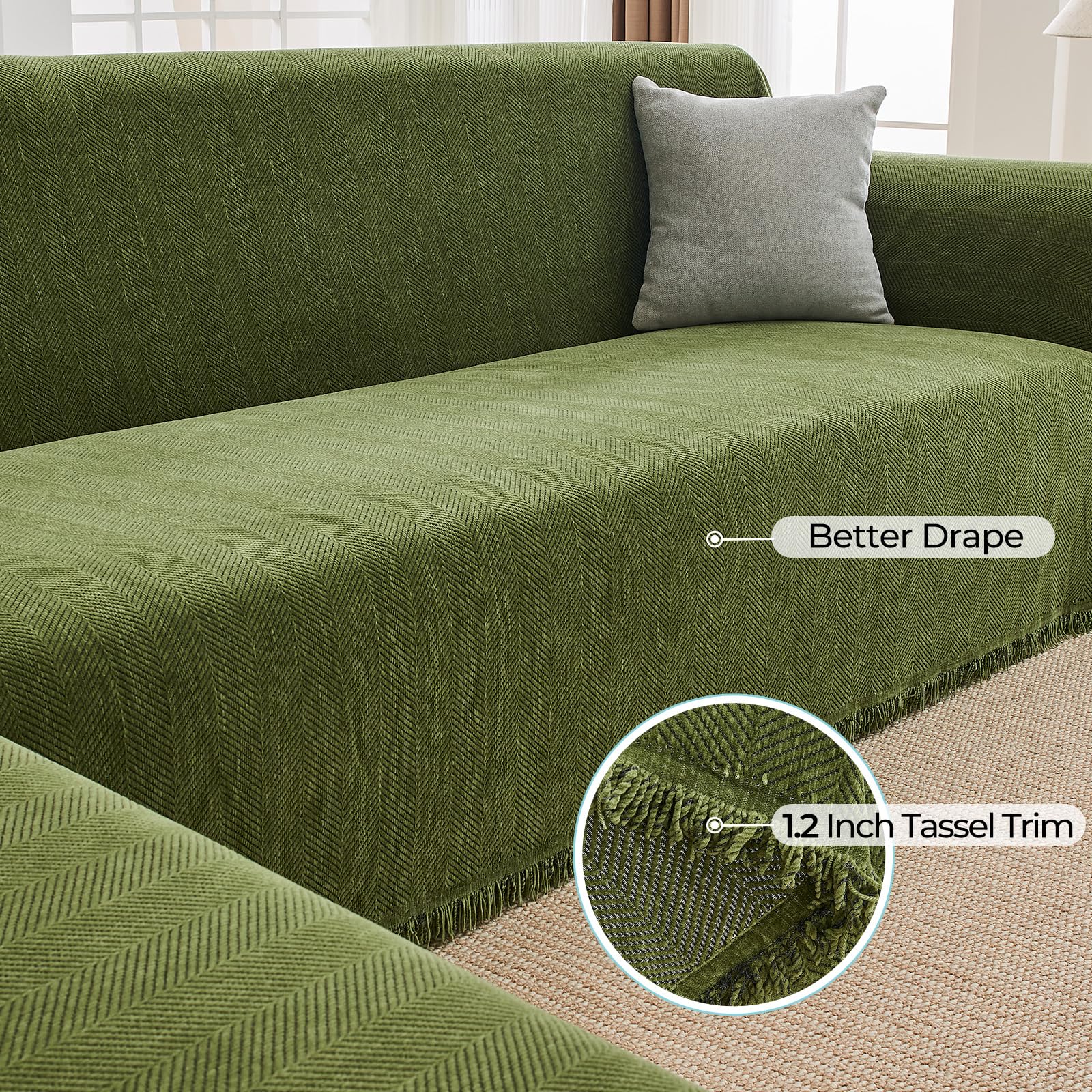 CAPALOCA Sectional Couch Covers 2 Pieces, L Shaped Couch Cover with Herringbone Pattern Chenille Sectional Cover Washable Sofa Slipcovers (X-Large: 71" x 110" + 71" x 118", Green)