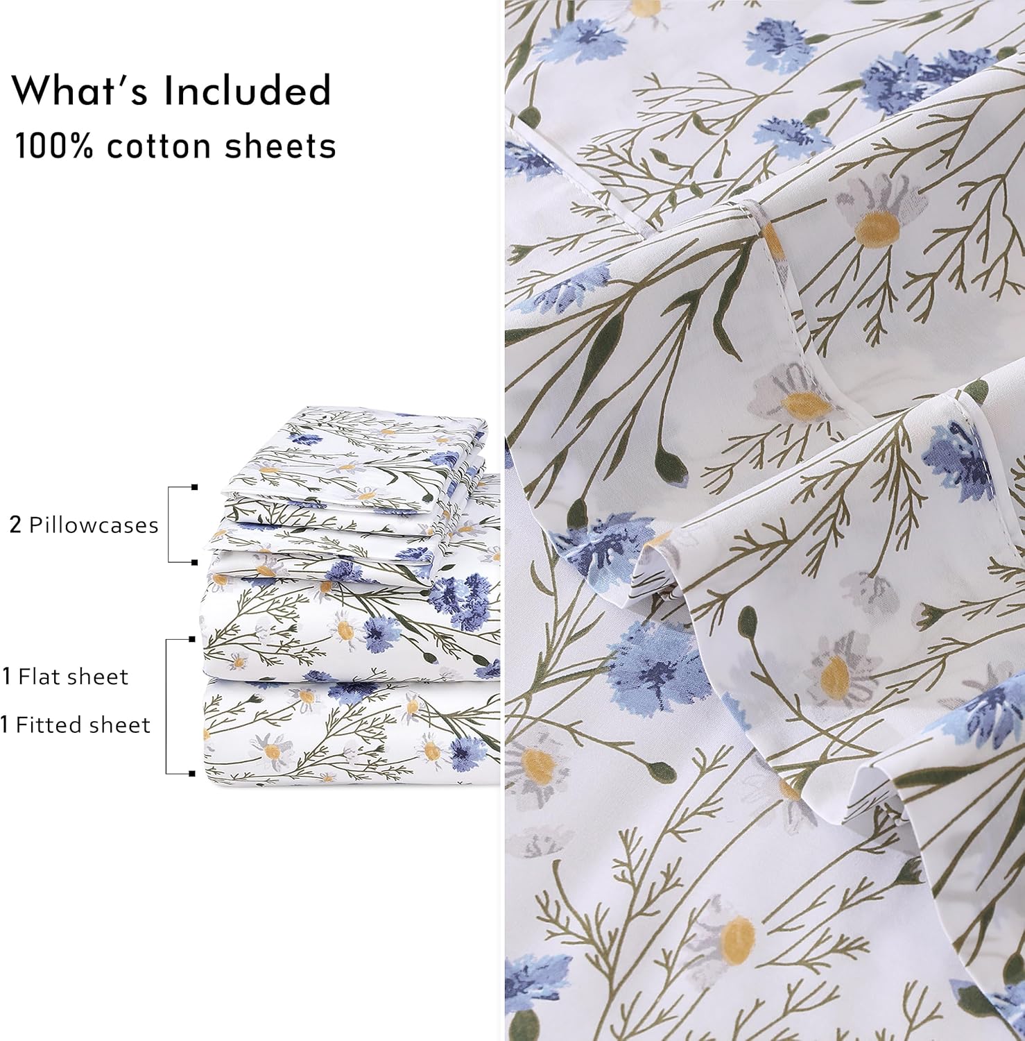 RUVANTI King Size Cotton Sheets - 100% Percale Bedding, Cooling Floral Design, 16" Deep Pocket, 4-Piece Set