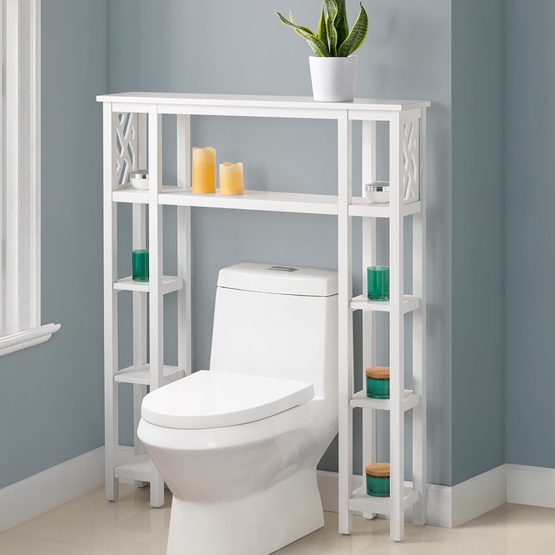 Over Toilet Bathroom Shelving Unit with Open Side Shelves, White Finish