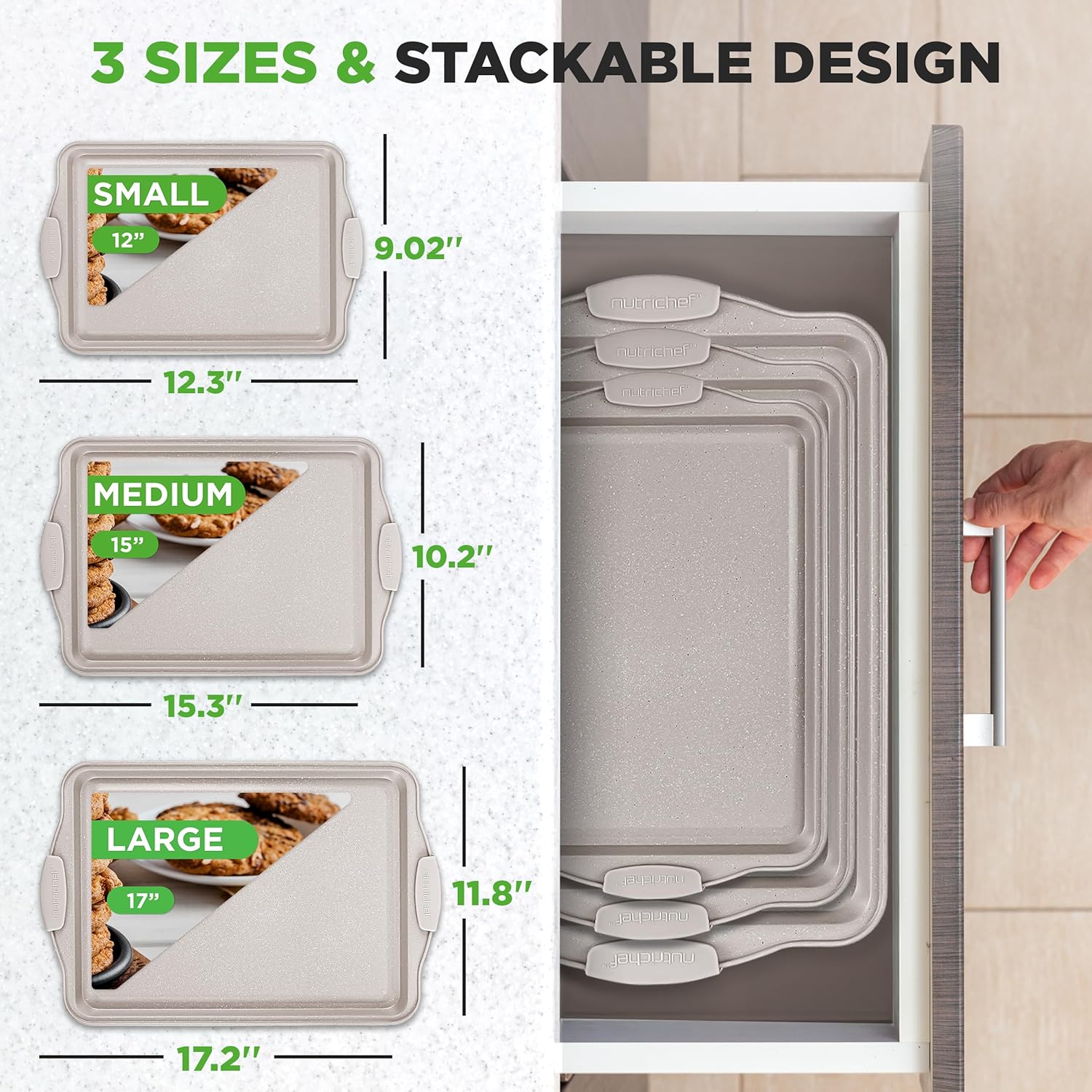 NutriChef Nonstick Cookie Sheets - Premium Carbon Steel Baking Pans with Silicone Handles | Easy to Clean, Cream Marble Finish