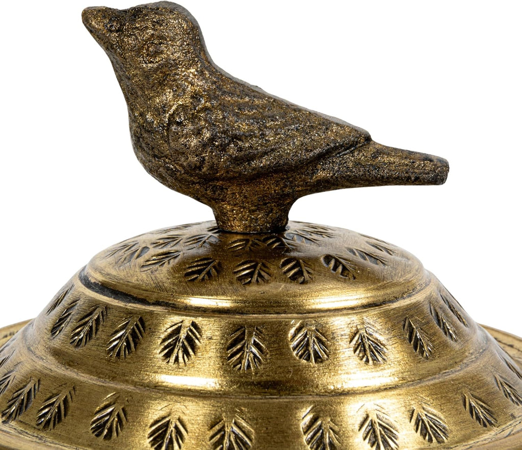 Round Hammered Metal Container - Elegant Bird Finial Design in Brass Finish