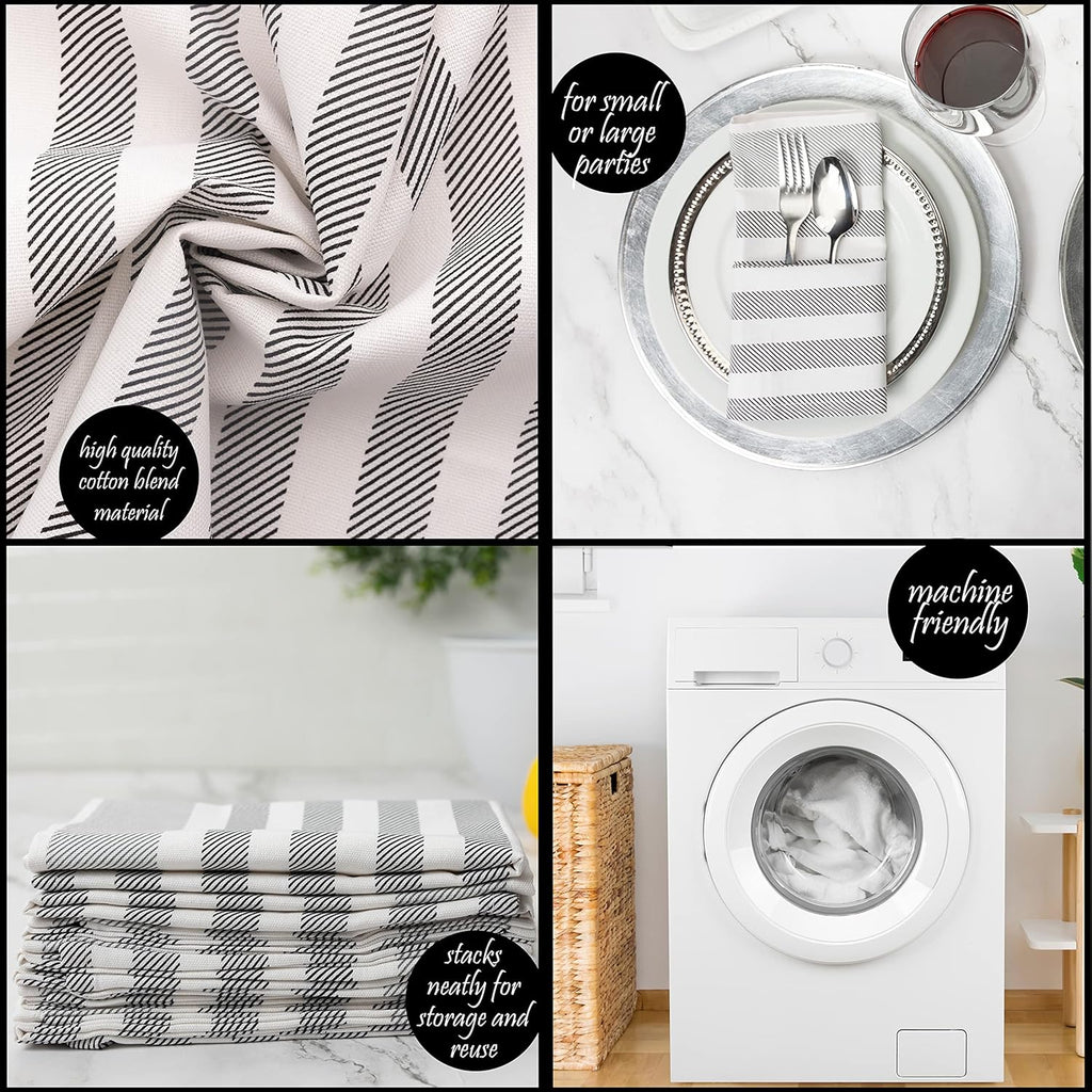 PERLLI Cotton Cloth Napkins - 12 Pack 18x18 Inches | Washable Black, Gray & White Stripes for Dining Decor