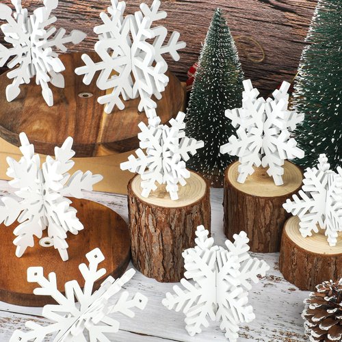 16 Pcs Christmas Snowflake Wooden Decor Winter 3D Snowflake Tabletop Sign Christmas Tiered Tray Decorations White Snowflake Wood Blocks Centerpiece for Xmas Wonderland Party Home Table Decor