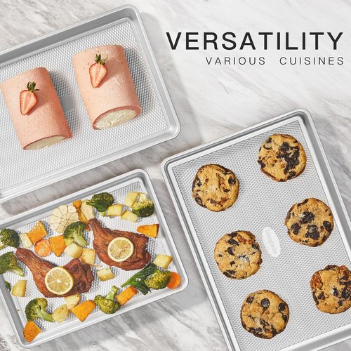 HONGBAKE Nonstick Baking Sheet Pan Set - Heavy Duty Cookie Sheets with Diamond Texture | Silver, Half & Quarter Sizes