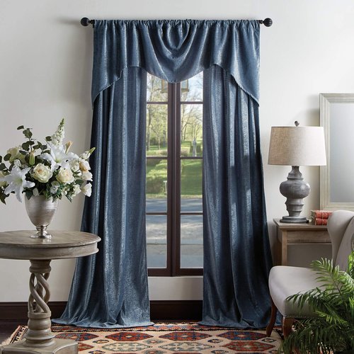 Martha Stewart Naples Chenille Solid Back Tab Window Curtain Panel Pair, 84", Navy