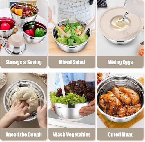 E-far Stainless Steel Mixing Bowls Set - 5-Piece Nesting Bowls with Lids & Grater Attachments | Khaki