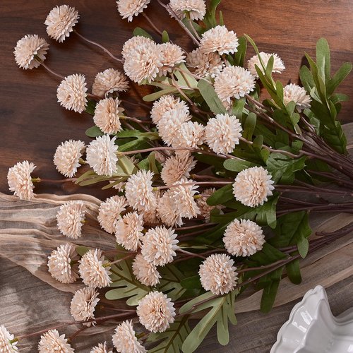 Waipfaru 10pcs Fake Silk Pompon Mum Artificial Flowers, Bulk Faux Mini Chrysanthemums, for Centerpieces Wedding Fillers Champagne Arrangements Boho Decor, No vase, Beige