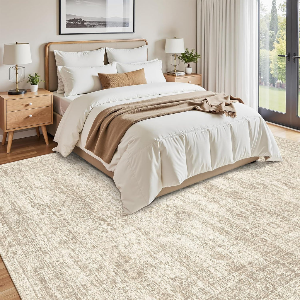Soalmost 9x12 Area Rug - Non-Slip, Machine Washable Vintage Design for Living Room & Bedroom - Beige