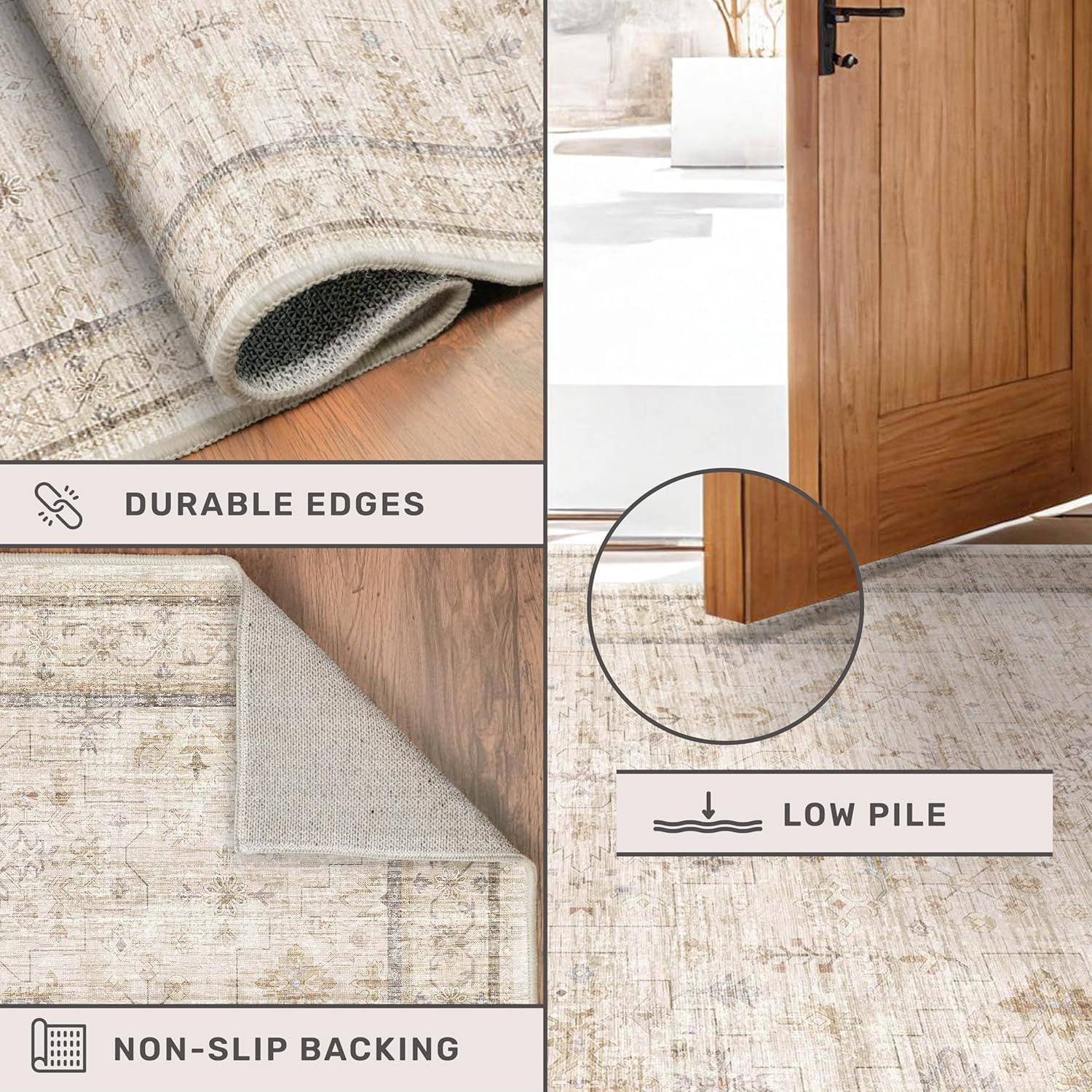 Skiennix Extra Long Runner Rug - Non-Slip, Machine Washable, Soft Low Pile - 2'6"x10', Light Beige Geometric Floral Design