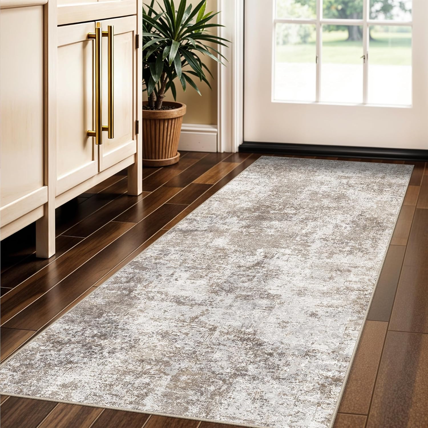 Skiennix Washable Entryway Runner Rug - Modern Abstract Design, Non-Slip, Easy-Clean, 2x5 Brown/Beige