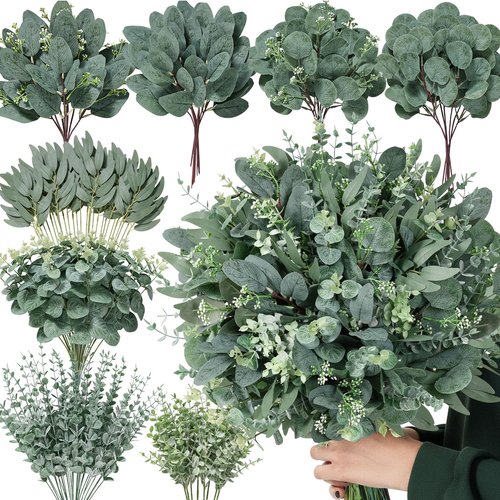 Serwalin 130 Pcs 8 Kinds Mixed Eucalyptus Stems Bulk,Artificial Greenery Silver Dollar Eucalyptus Leaves Picks for Centerpieces Vase DIY Bouquet Arrangement Home Decor St. Patrick's Day Decorations