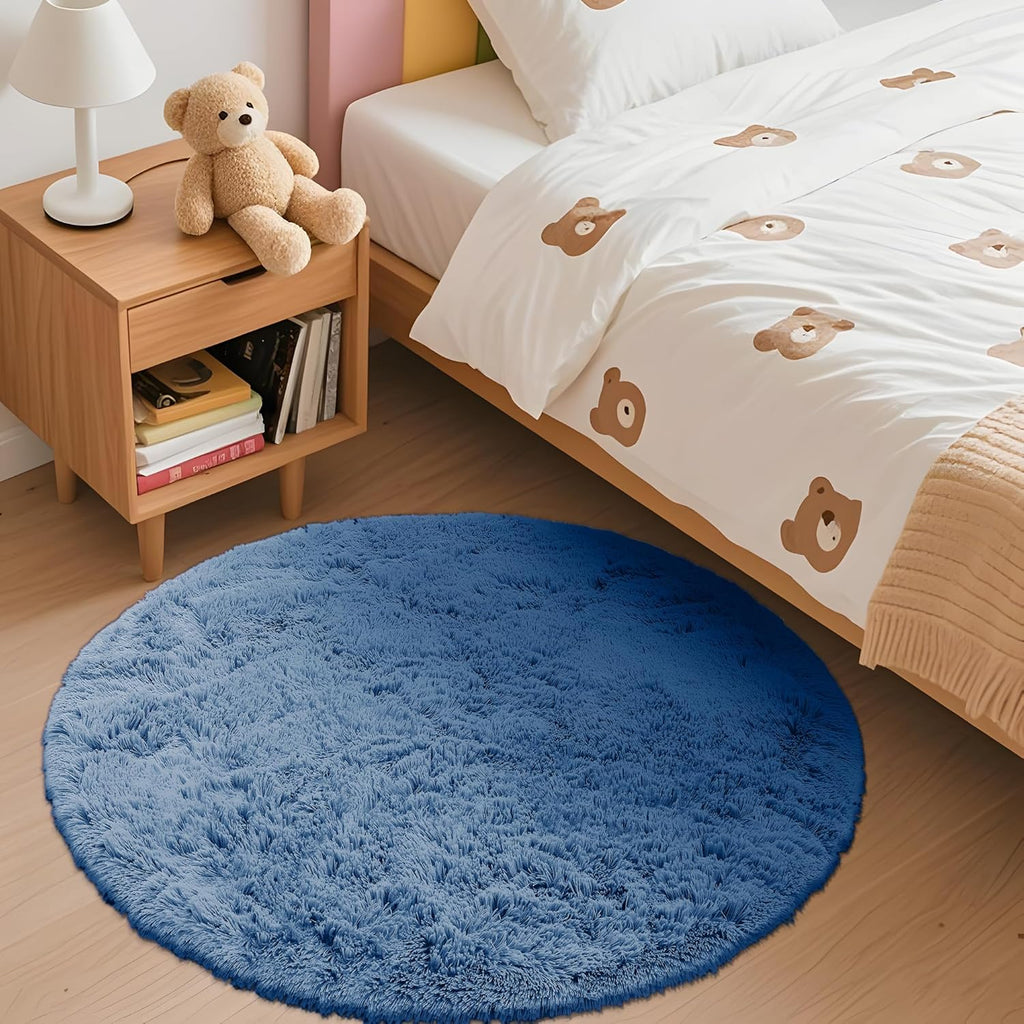 OLANLY Blue Round Area Rug - Soft, Fluffy, Machine Washable 3 ft Circle Carpet for Bedroom & Living Room Decor