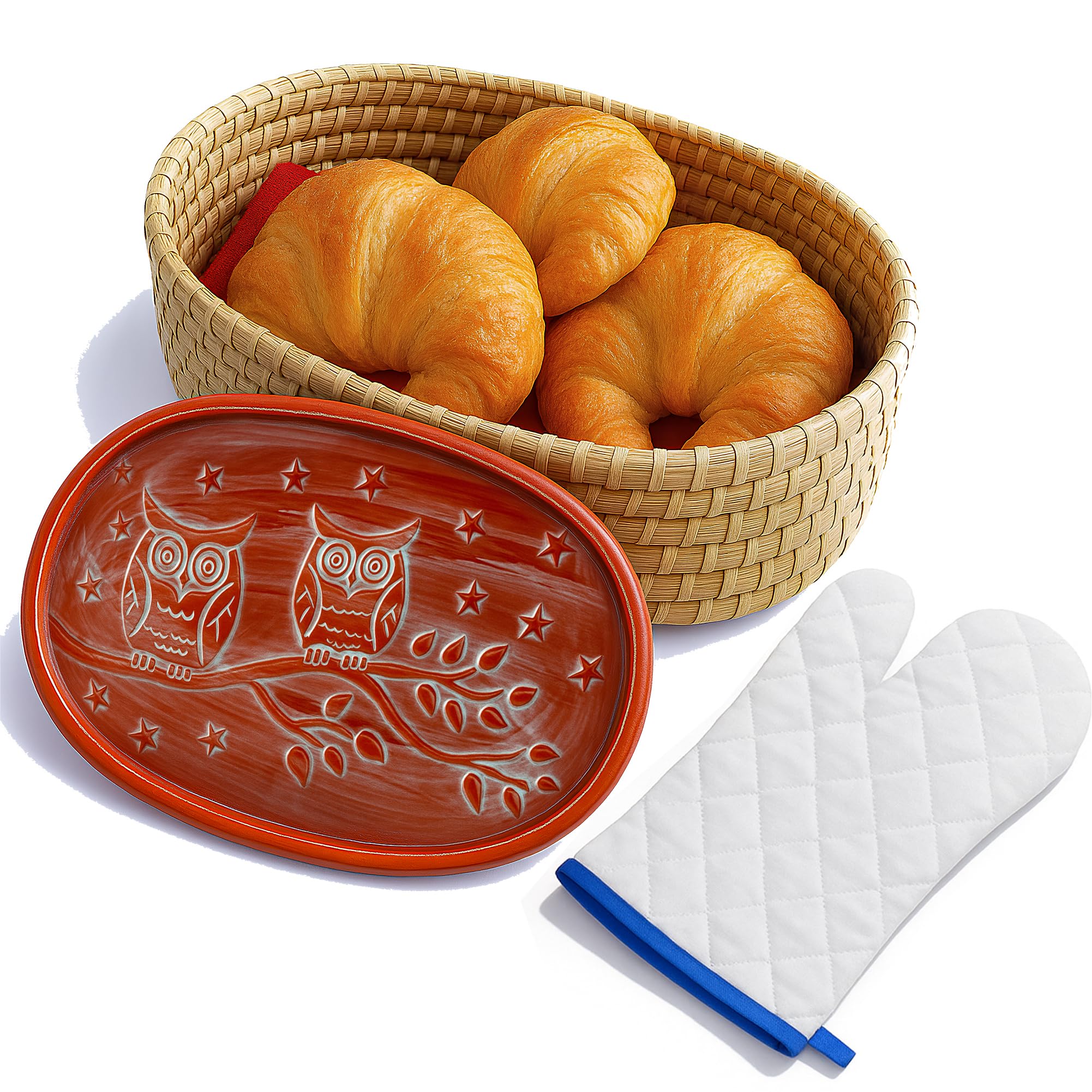 Bread Warmer Basket with Terracotta Stone – Includes Oven Mitts – Keeps Bread Warm – Rustic Gift for Holidays, Housewarming, Dinner Parties – Handwoven Natural Look – Kitchen Table Accessory
