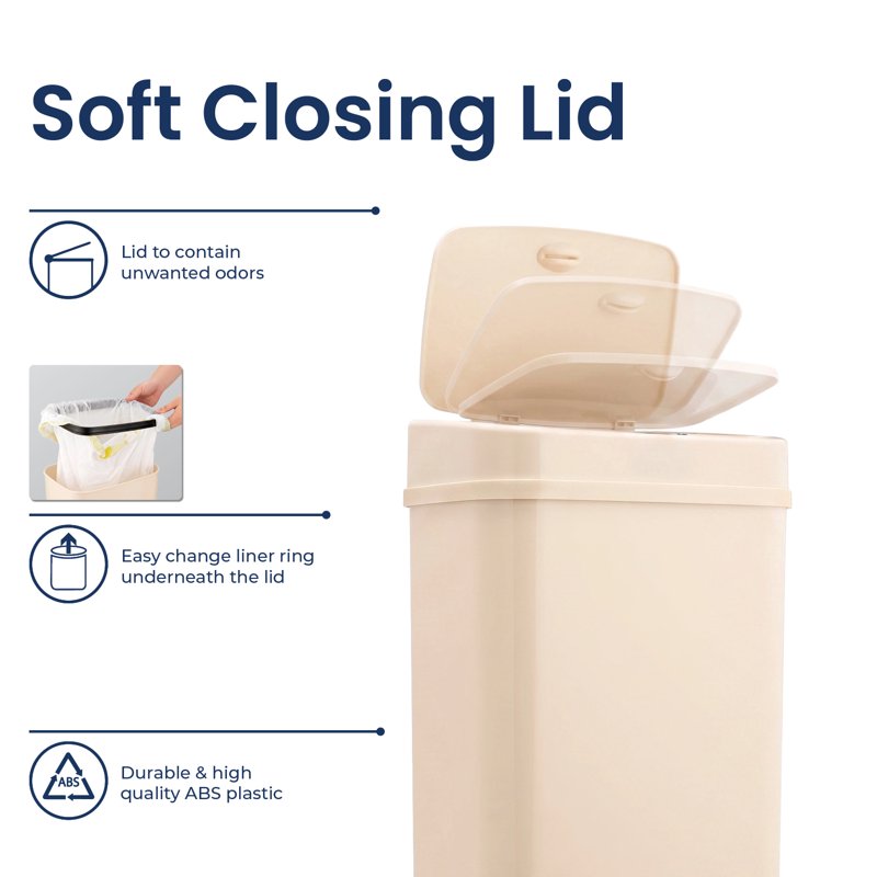 Automatic Bathroom Trash Can - 3.2 Gallon Plastic, Motion Sensor, Soft Close Lid - Vanilla Dream