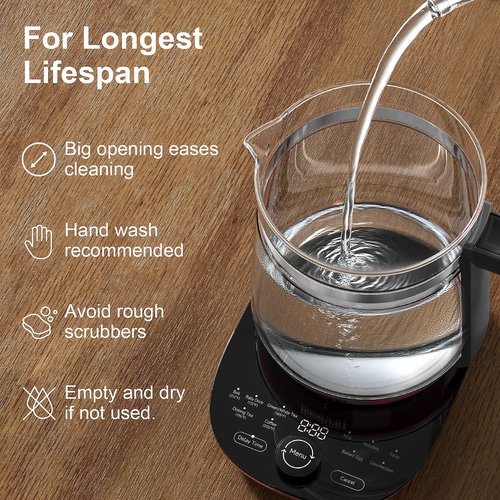 ICOOKPOT Glass Electric Kettle with Tea Infuser – 1.5L Stainless Steel, 1200W Rapid Boil, Temp & Programmable Control for Teas/Coffee – Black