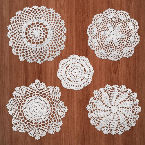 5 PCS Lace Doilies, Dollies for Tables, Crochet Doilies-Handmade Crochet Cotton Lace Doilies, Round Vintage Placemats, 7 to 14 Inch Beige Table Decor for Kitchen Dining Wedding Party