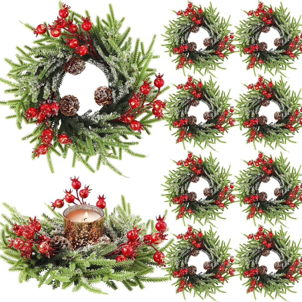Regine Switzerland 8 Pcs Christmas Candle Rings - 10 Inch Artificial Berries & Pine Cone Wreaths for Rustic Holiday Centerpieces
