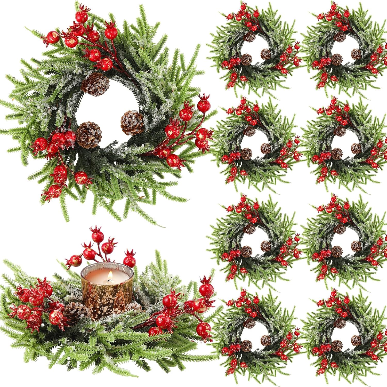Regine Switzerland 8 Pcs Christmas Candle Rings - 10 Inch Artificial Berries & Pine Cone Wreaths for Rustic Holiday Centerpieces