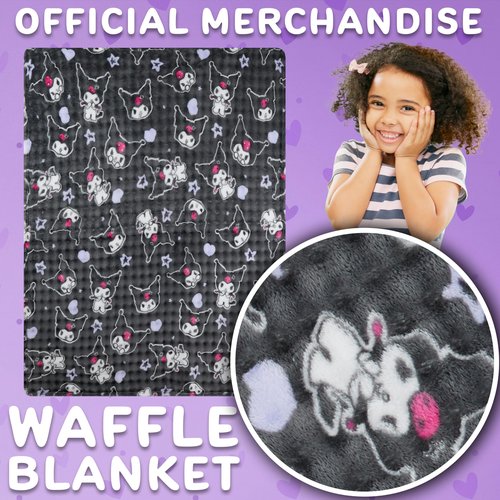 Get Trend Hello Kitty Sanrio Waffle Blanket for Girls, Teens, Women, 51 x 59 in, Kuromi Throw Blanket, Throw for Bed, Room Decor, Kawaii Gifts for Her (Grey Kuromi)