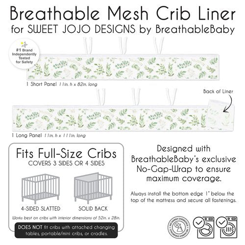 Sweet Jojo Designs + BreathableBaby 2-Piece Breathable Mesh Crib Liner Set (Green Boho Floral Leaf) for Boys/Girls, Baby, Infants/Newborn Nursery (Sage, Bohemian, Watercolor, Botanical, Woodland)