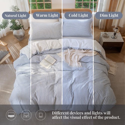 MILDLY Blue Striped Duvet Cover - 100% Washed Cotton Jacquard Boho Textured Comforter Cover 3pcs with Zipper Closure 90"x90"