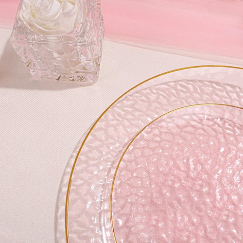 SUT 36Pcs Pink Plastic Plates, Hammered Plates Disposable Heavy Duty, Pink Disposable Plates With Gold Rim, Fancy Plastic plates Include 18 Dinner and 18 Dessert plates for Valentine's Day