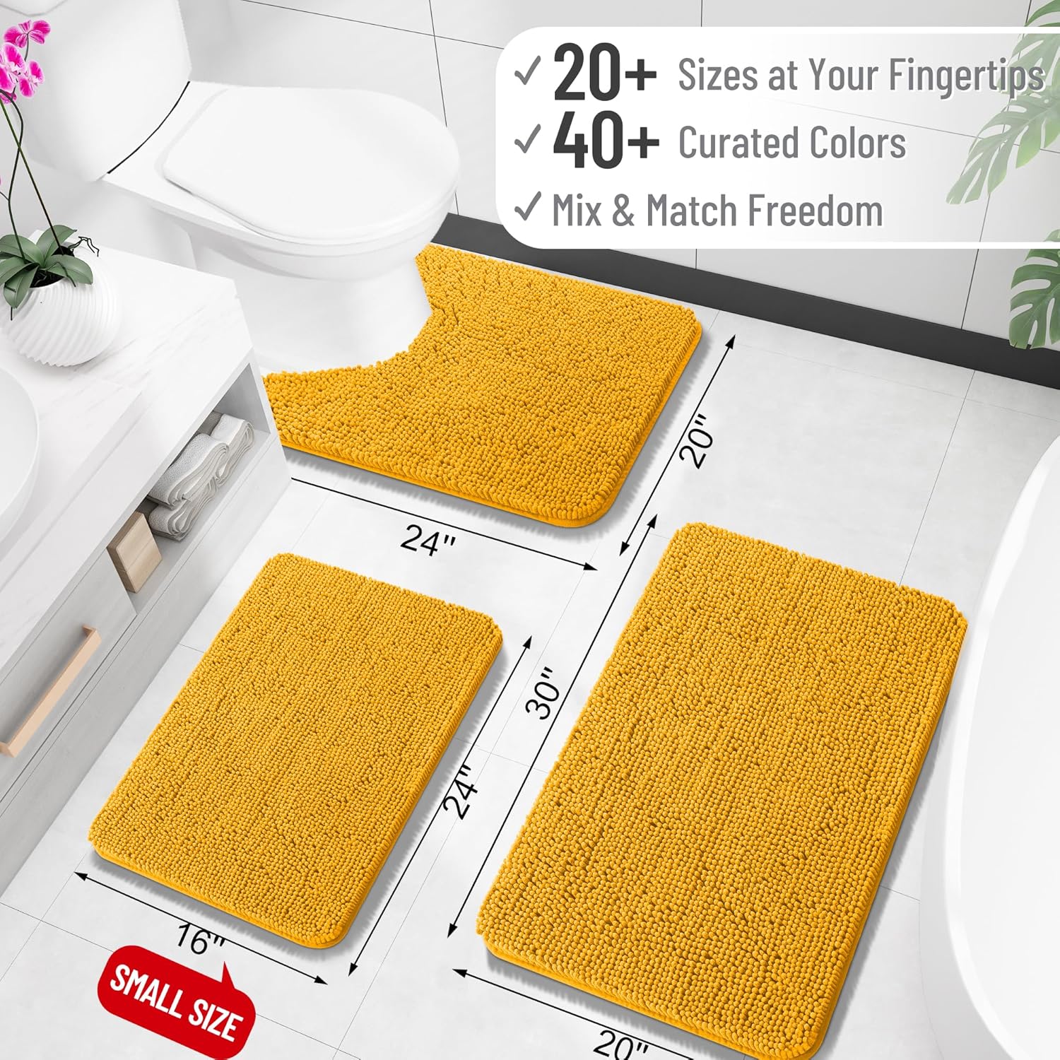 OLANLY Bathroom Runner Rugs - Soft Absorbent Chenille with Rubber Backing | 47x24 Inches, Quick Dry, Golden Yellow