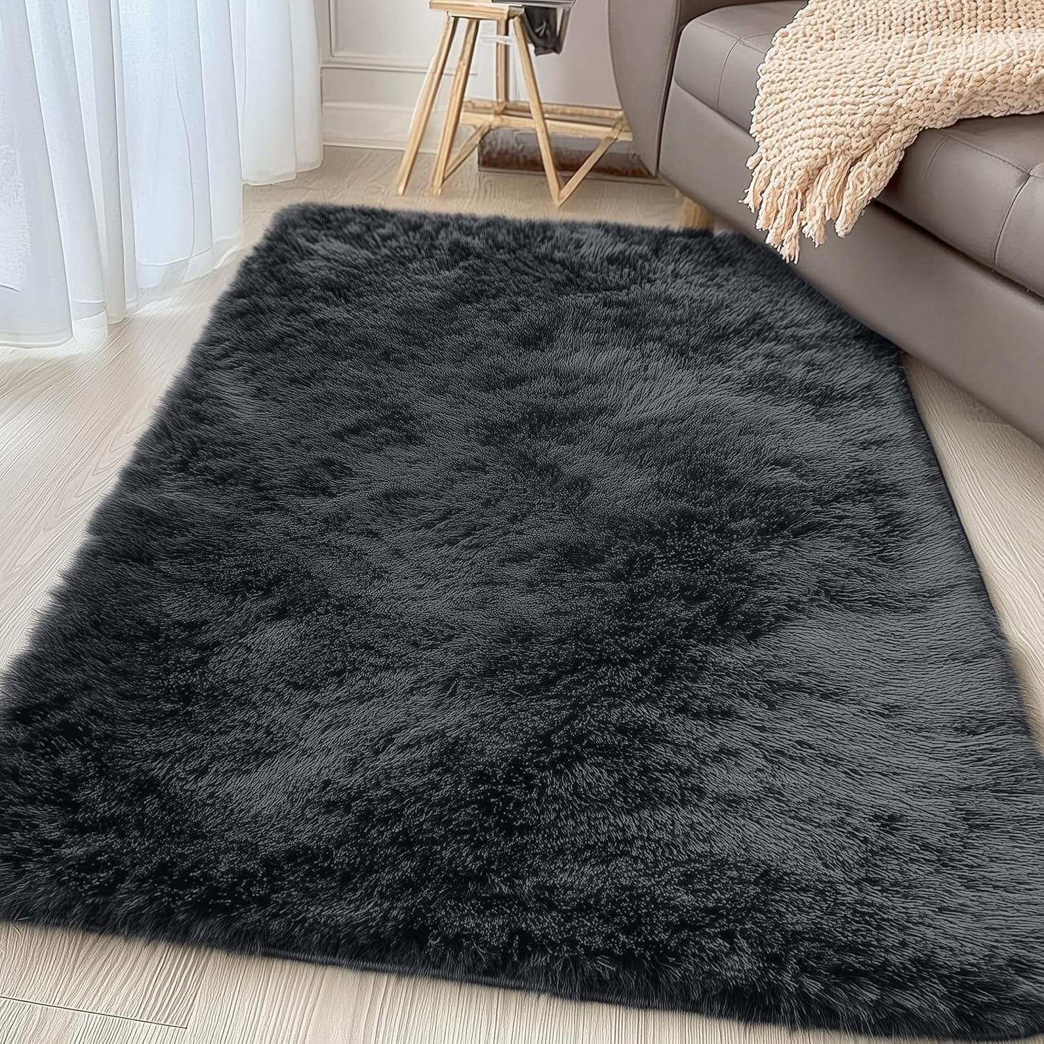 OLANLY Accent Rug - Soft Fluffy Shaggy Area Rug for Bedroom & Living Room | Machine Washable, Black