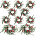Regine Switzerland Christmas Candle Rings - 10 Pcs Artificial Wreaths with Red Berries & Snowy Pine | Festive Table Centerpiece