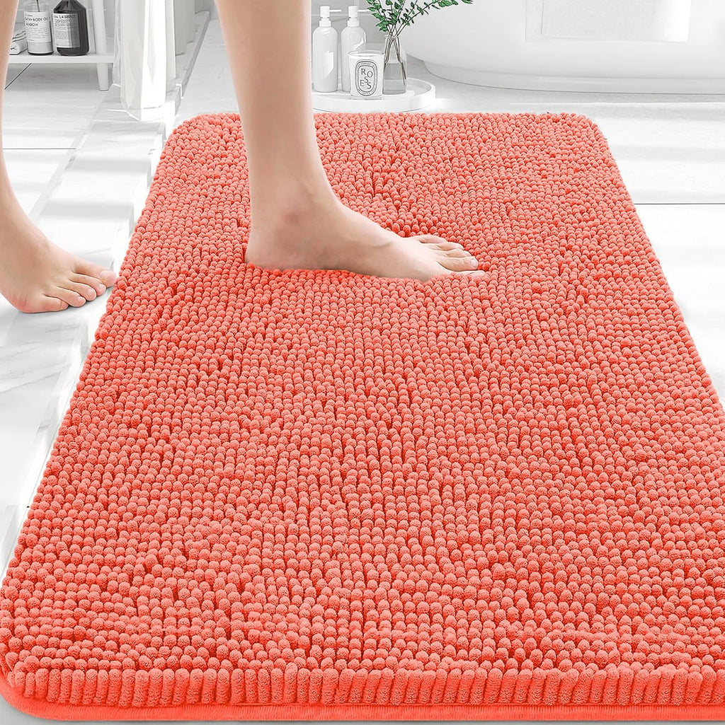 OLANLY Bath Rugs - Extra Soft Chenille, Quick-Dry Rubber Backing | 36x24 Coral Machine Washable Mats