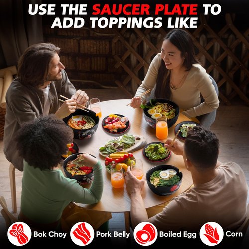 Japanese Ramen Bowl Set of 4-20 Pcs, 32 Oz Ceramic Microwaveable & Dishwasher Safe Large Noodle Bowls with Lid & Built-In Chopstick Holder, Pho, Udon, Thai, Korean, Rice - 6.5 Inch