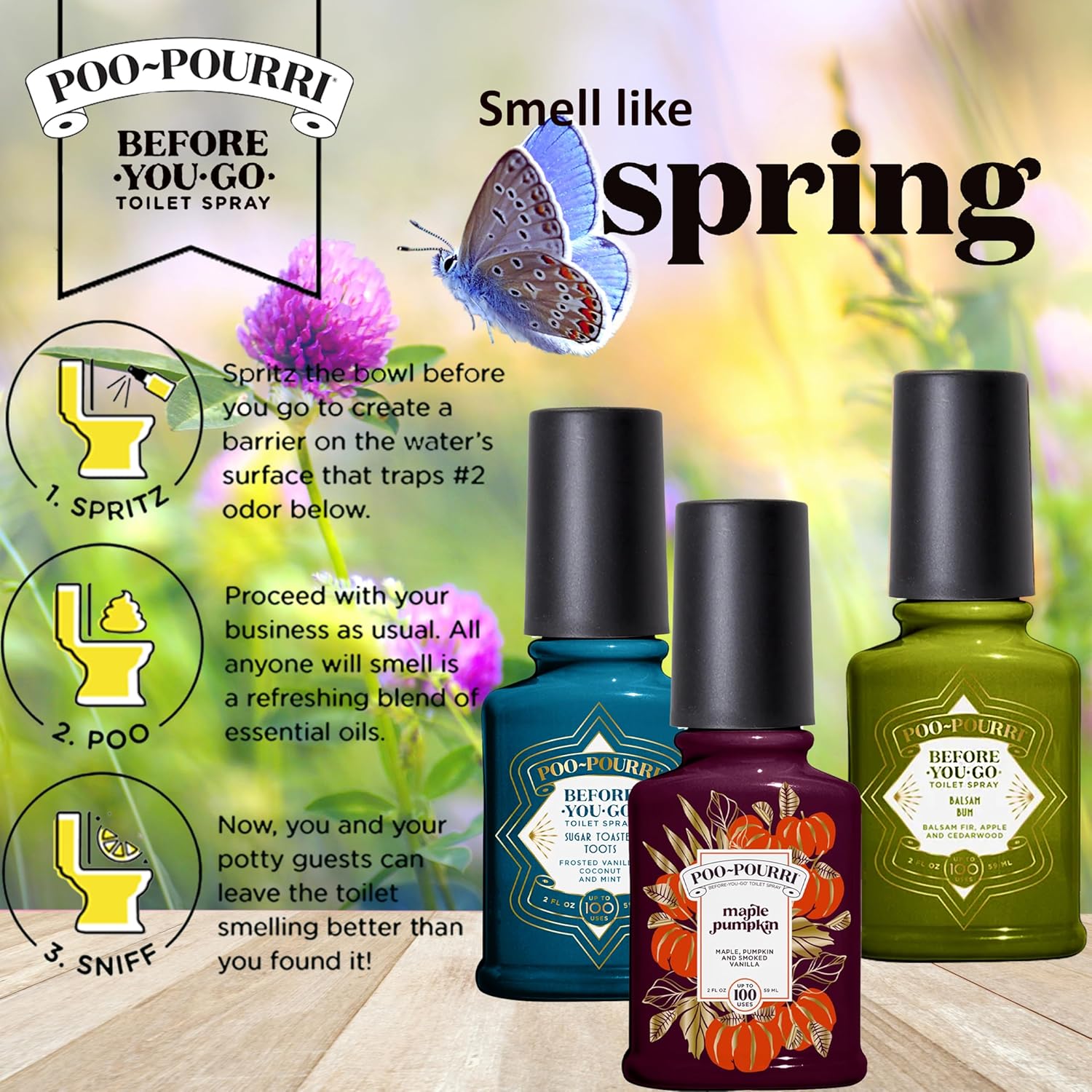 Poo-Pourri Toilet Spray Variety Pack - Spring Scents, 2 Oz | Maple Pumpkin Sugar & Balsam Bum