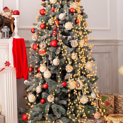 Christmas Tree Lights, 400 LED Christmas Light with 8 Light Modes & Memory Function, 8.2FT x 16 Lines String Lights with Timing Function for Christmas Decorations - Warm White