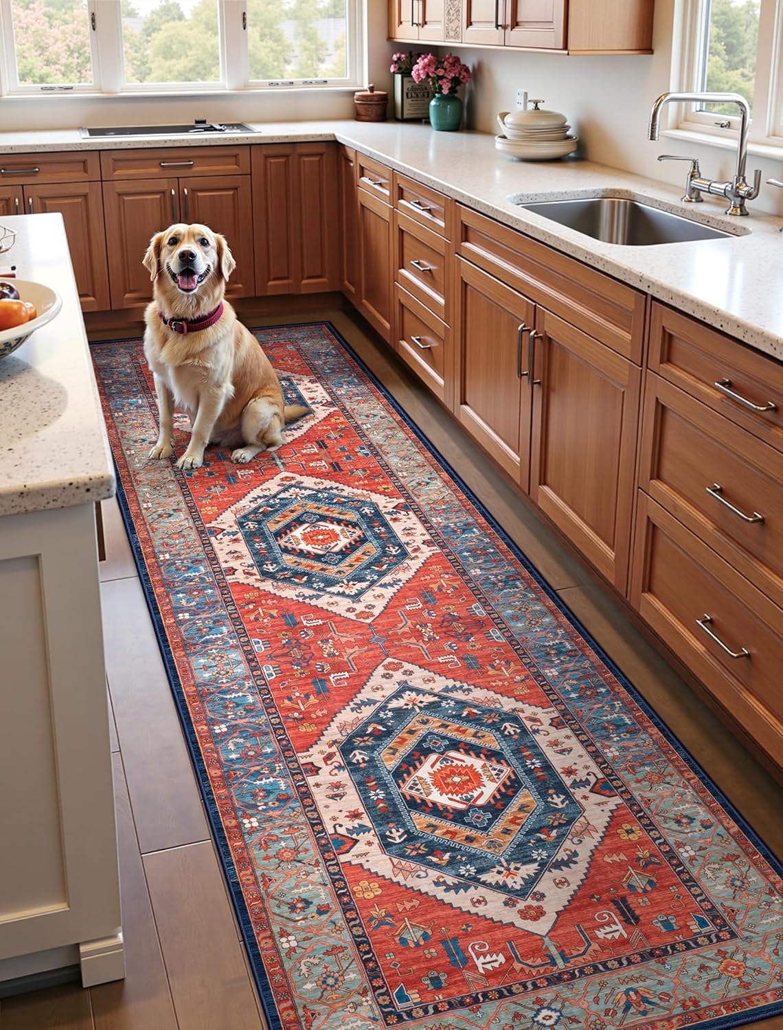 SERISSA Runner Rug - Vintage Rust Boho Design | Washable Non-Slip 2'6"x10' for Hallways & Kitchens