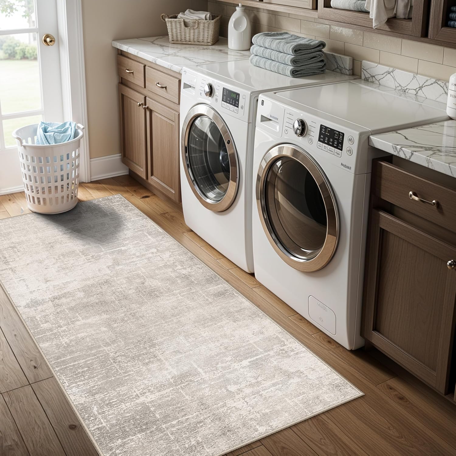 Skiennix Washable Kitchen Runner Rug - Abstract Water-Resistant Design | Soft Low Pile 2x5 Beige/Cream
