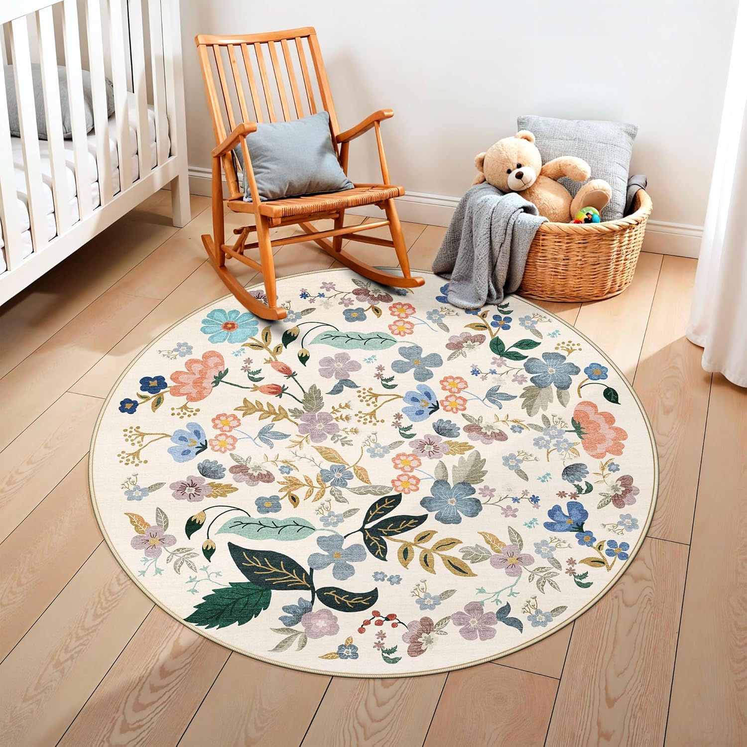 Skiennix Washable Floral Round Rug - Ultra Soft 4x4 Feet Non-Slip Area Carpet for Bedroom & Nursery | Cream