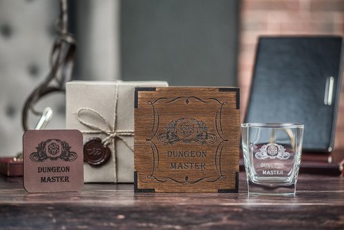 Dungeons Master gift, Whisky Glass with Gift wooden Box, full-grain leather coaster, dragons gifts for men and women unique. Dungeons whiskey glasses