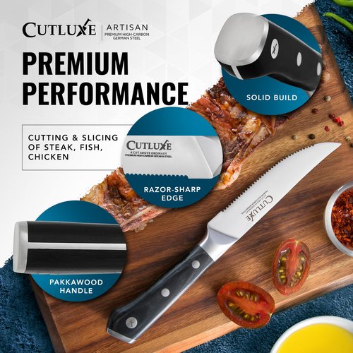 Cutluxe Steak Knives Set of 8, Serrated Steak Knives – Forged High Carbon German Steel, Full Tang, Ergonomic Handle Design – Artisan Series