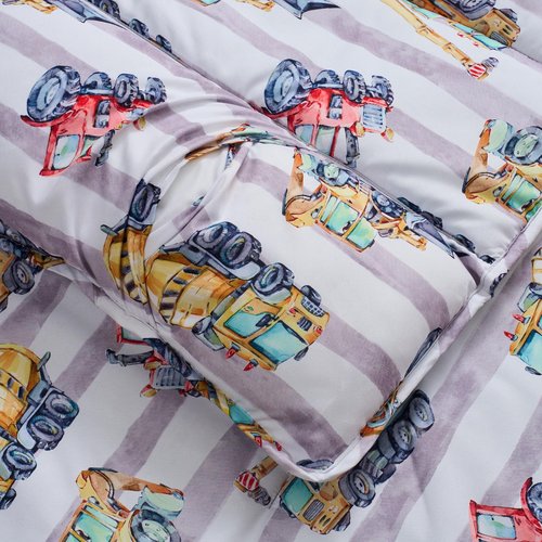 Kids Sleeping Bag Nap Mat with Pillow & Blanket – 3-in-1 Machine Washable Quilted Mat for Kids – Portable with Handles – 20" x 50" for Daycare, Preschool, Travel, & Sleepovers, Construction Trucks