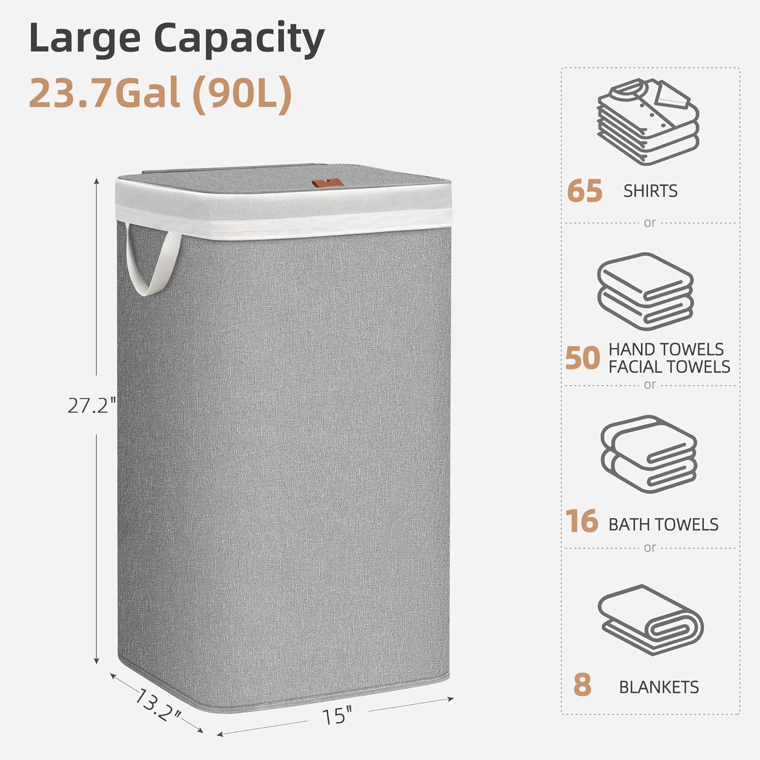 Storage Maniac Metal Frame Laundry Hamper - 90L Tall Basket with Lid & Removable Bag | Gray