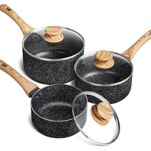 MICHELANGELO Saucepan Set, 3-Piece Nonstick Sauce Pans with Lids, 1QT, 2QT, 3QT, Black Granite Stone