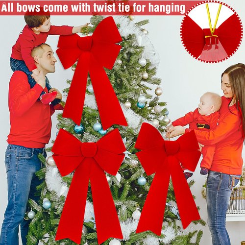 Heartome 4 PCS Christmas Tree Decorations, 12 ×18 Inches Large Red Velvet Bows for Christmas Tree, Plastic Christmas Bows, Outdoor Xmas Bows for Xmas Home Wreath Fence Railing Stairs Fireplace Decor