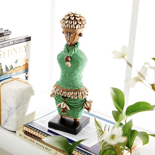 Deco 79 Small Hand-Crafted Pine Wood, Cowrie Shells, Green Beads & Kente Cloth African Woman Namji Doll, 3" x 5"