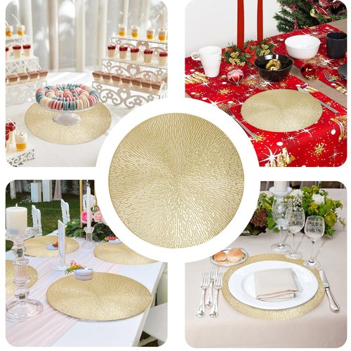 Snowkingdom Gold Placemats Round Set of 8, Gold Metallic Hollow Vinyl 15 Inch Round Placemat, Washable Wipeable Easy Clean Non Slip Stain Kitchen Dining Table Place Mats for Wedding Party Decoration