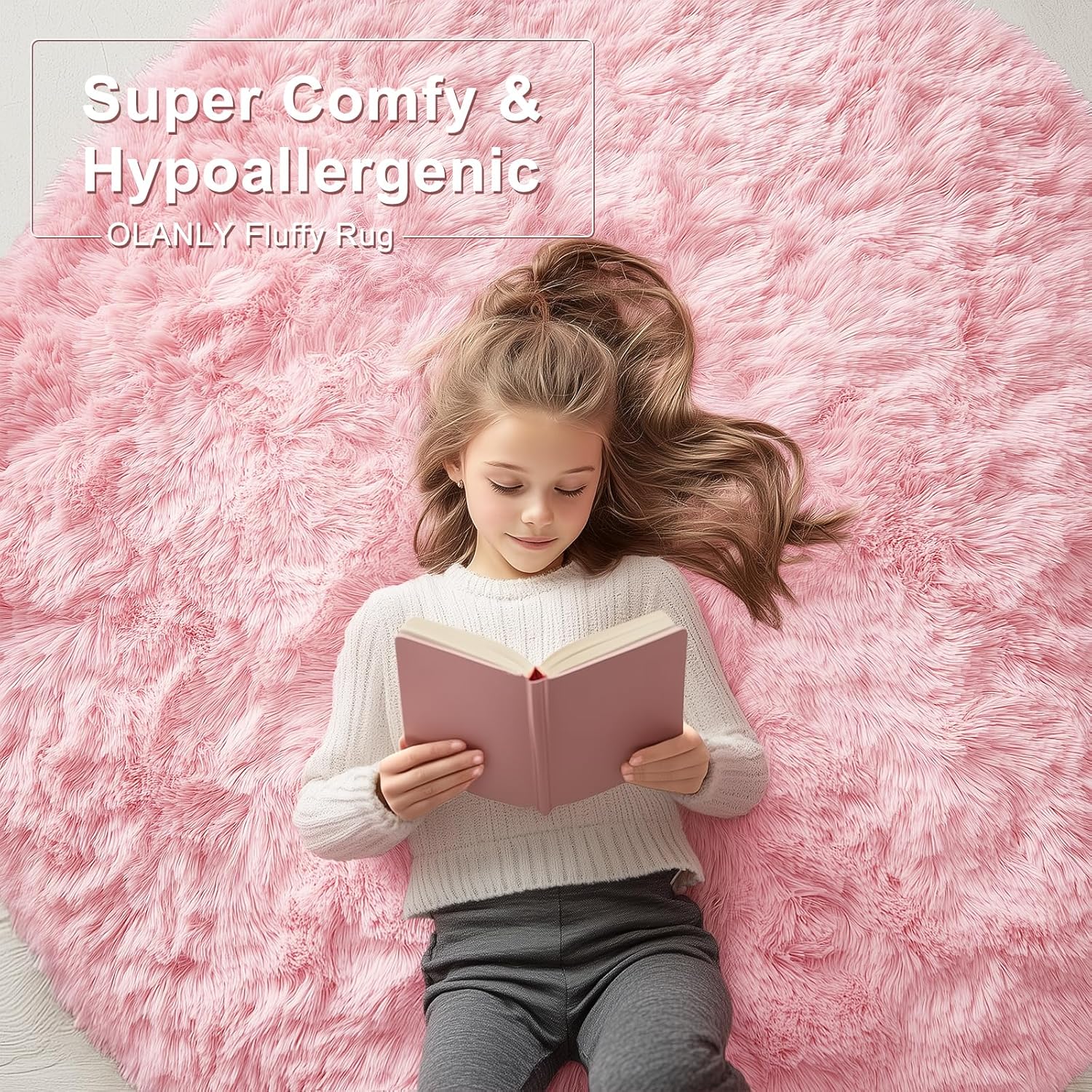 OLANLY Pink Round Area Rug - Soft, Fluffy, Machine Washable 5 ft Circle Carpet for Bedroom & Nursery Decor