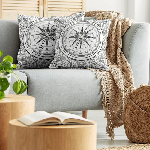 Ambesonne Compass Decorative Throw Pillow Case Pack of 2, Hand Drawn Windrose in Line Art Style Nautical Illustration Coloring Book Design, Couch Bedroom Living Room Cushion Cover, 18", White Black