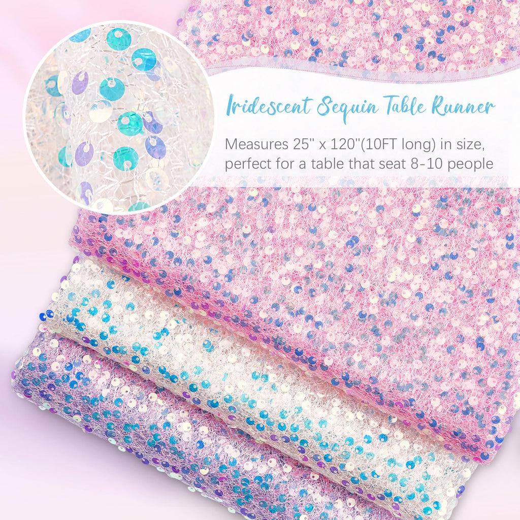 White Table Runner 3 Packs 25x120 Inches Iridescent Sequin Table Runner for Little Mermaid Birthday Ocean Themed Party Decorations