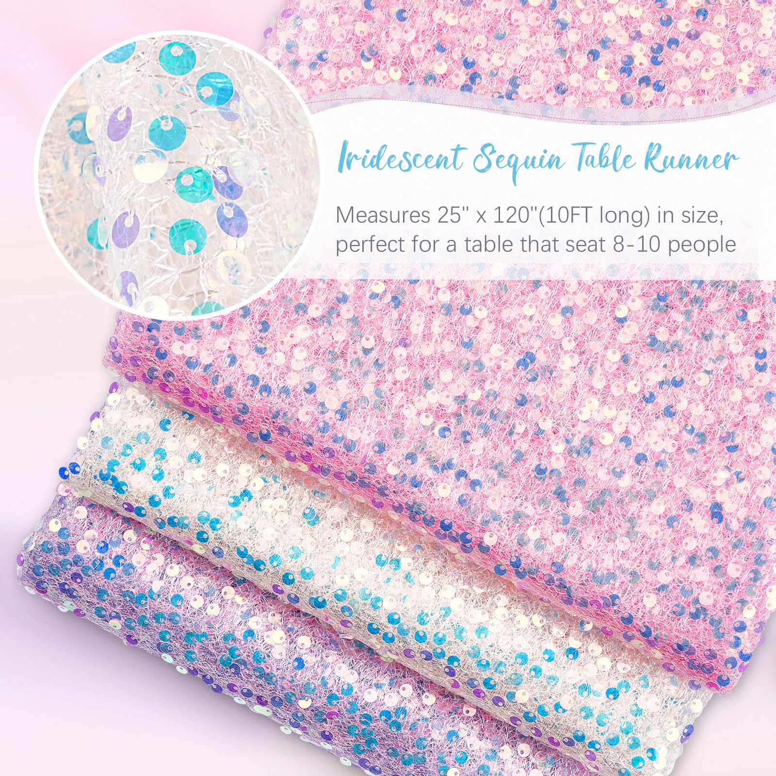 White Table Runner 3 Packs 25x120 Inches Iridescent Sequin Table Runner for Little Mermaid Birthday Ocean Themed Party Decorations