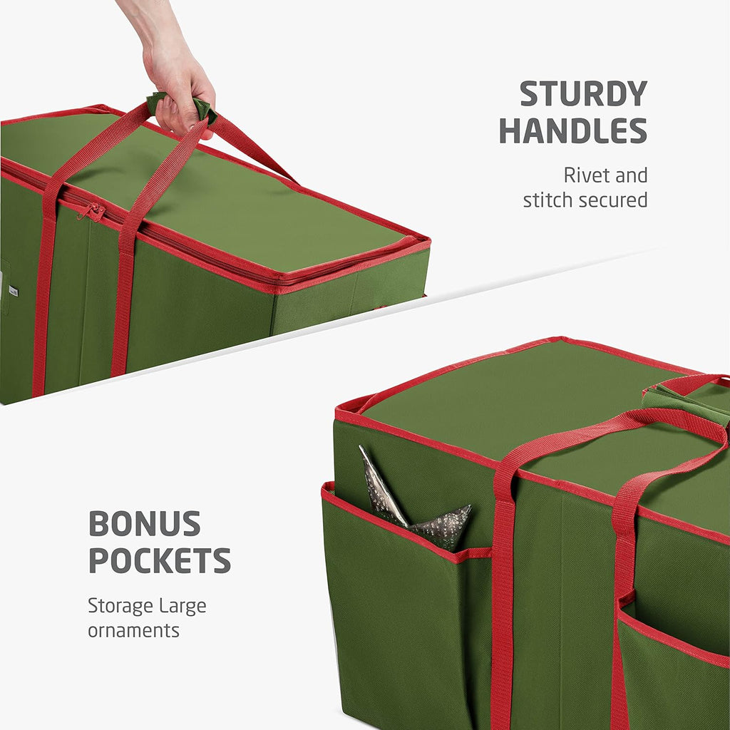 ZOBER Large Christmas Ornament Storage Box - Organizes 128 3" Ornaments with Dividers - Durable Green Container with Extra Pockets & Dual Zipper