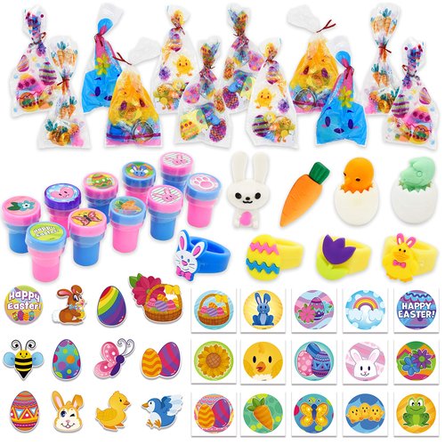 JOYIN 72 Pcs Easter Party Favors Set, 12 Packs Assorted Goody Bags with Rings/Sticker, Foam Stickers, Stampers for Kids Gift, Easter Egg Hunt, Basket Stuffers